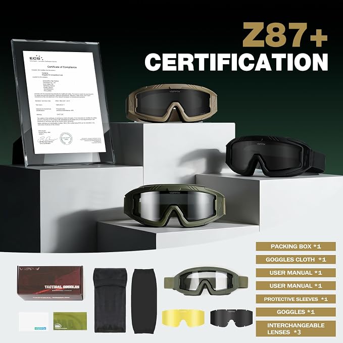 Airsoft Goggles OTG, ANSI Z87.1+ Anti-Fog Tactical Safety Goggles, Impact-Resistant Dust-Proof Eye Protection