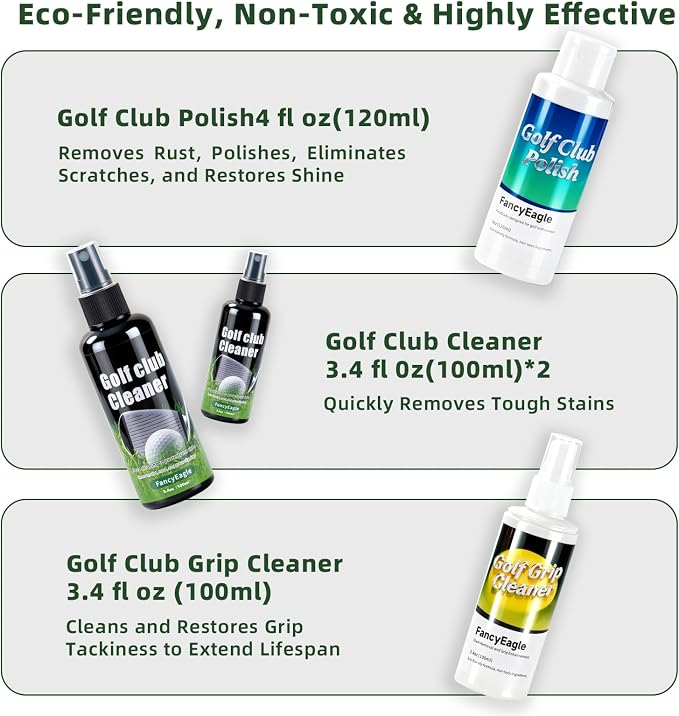 Golf Club Cleaning Kit with Club Cleaner, Grip Cleaner, Polish, Brush, Magnetic Golf Towel & Leather Bag | Restores Clubs, Removes Rust & Scratches, Renews Grip Tackiness, Premium Gifts for Golfers