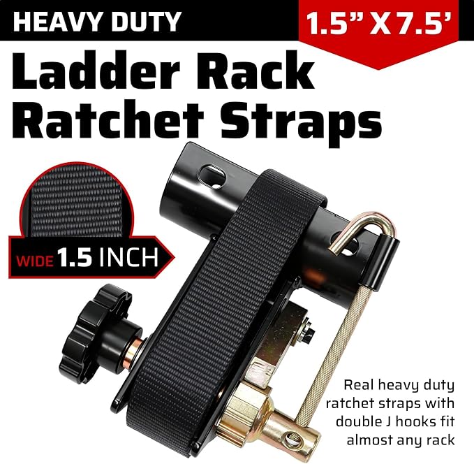 Black Rack Straps with J-Hook (2PK),1.5" x7.5' Ladder Rack Ratchet Straps, 2" Round Tube Mount, Perfect Ladder Rack Tie-Downs for Trailer Cargo Control
