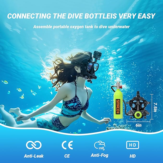 Full Face Dive Mask Support Diving & Snorkeling, Full Face Snorkel Mask Adjustable Scuba Mask with Camera Mount Provide 180° View Panoramic Compatiable with SMACO 1L/1.9L Mini Scuba Tanks