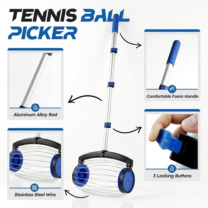 zozen Tennis Ball Picker with Storage Bag, No Bending Quick Pickup Roller, Adjustable Telescopic Handle, Holds Up to 28 Tennis Balls, Portable Collector for Tennis/Pickleball/Baseball/Lacrosse Ball