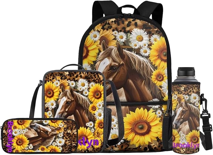 Horse Backpack for Girls School Bags with Lunch Bag Pencil Case Water Bottle Holder Sunflower Kids Preschool Bookbag 4PCS Elementary School Bag Back to School Accessories