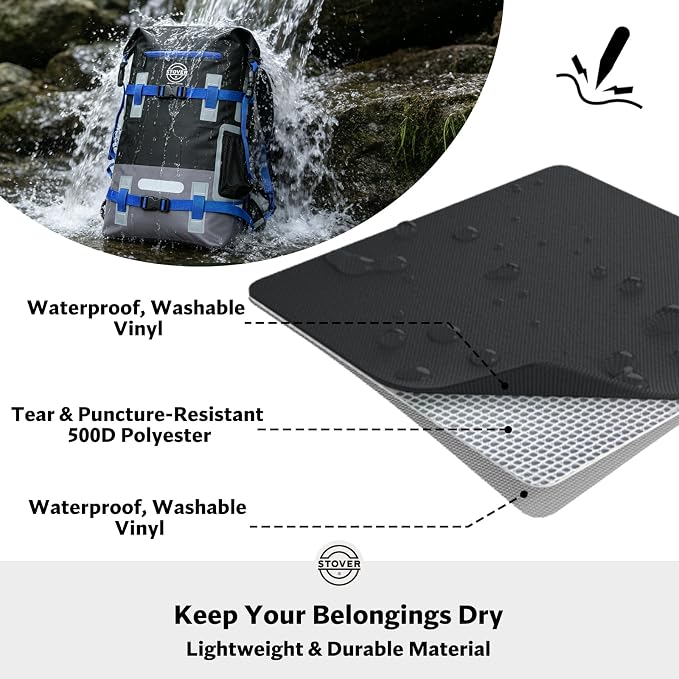 STOVER 40L Waterproof Dry Backpack & Phone Case - X-Large Floating Dry Bag for Kayaking, Travel, Hiking, Fishing, Camping, Motorcycles & Beach, Heavy-Duty Roll Top Men/Women (Black/Grey/Blue)