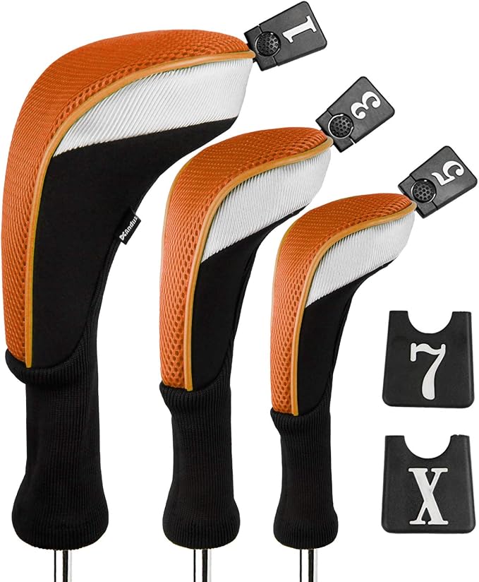 Andux 3pcs/Set Golf 460cc Driver Wood Club Head Covers Long Neck | for Driver Fairway Wood with Interchangeable No. Tags Mesh Breathable material Coloured Piping Pull-On Closure