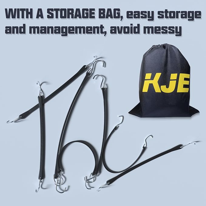 KJE 50Pack 21" Rubber Bungee Cords with S Hooks - Quality EPDM, Heavy Duty Black Bungee Straps, Ideal for Outdoor Tie Downs, Securing Tarps, Canvases, Cargo in Cold Hot Climates
