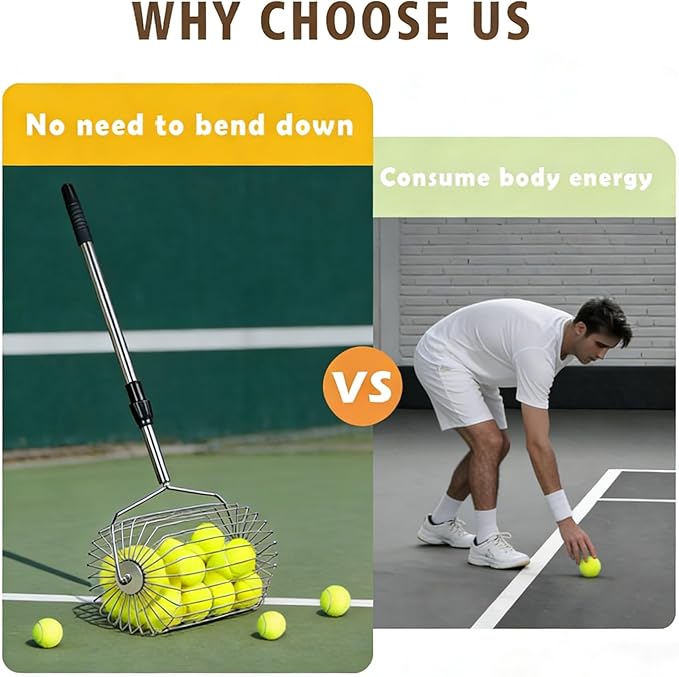 Stainless Steel Tennis Ball Picker Upper Adjustable Cylinder Hopper with Hangable Handle, Portable Tennis Ball Collector and Basket for Easy Pickup and Training, Holds 60+ Balls