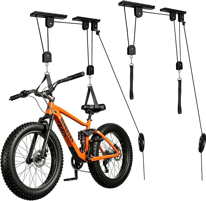 Bike Hoist,Ceiling Mount Bike Hanger,Heavy Duty Bike Hangers for Garage,Bike Pulley System for Garage,Holds Up to 100 lbs,Ceiling Bike Hanger for Ebike,Road Bike,Fat Tire,Snowboard(2 Pack)