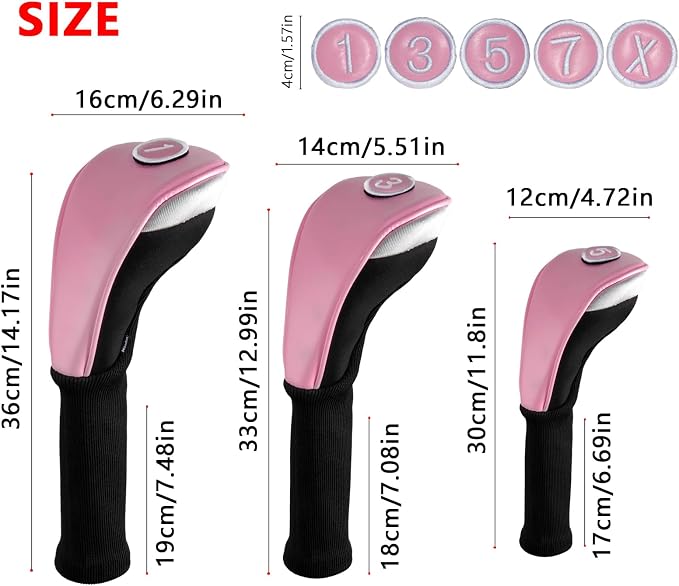 Andux 3pcs/Set PU Golf Wood Club Head Covers with Long Neck | for 460cc Driver Fairway Wood Club with Hook & Loop No. Tags Coloured Piping Pull-On Closure