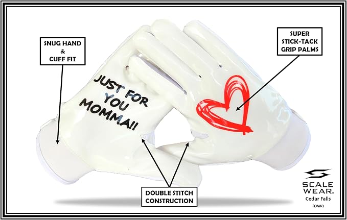 Just for You Momma Football Receiver Gloves - Black White Battle College Lineman Football Gloves Adult Youth Men’s Small to XXL Sizes Money