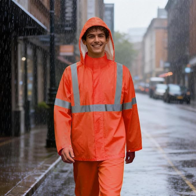 High Visibility Rain Jacket, High Vis Rain Suit for Men, Waterproof Rain Coat with Hood, Class 3 Lightweight Hi Vis Rain Gear for Outdoor & Safety Work, Men Women, Orange T, 2XL-3XL