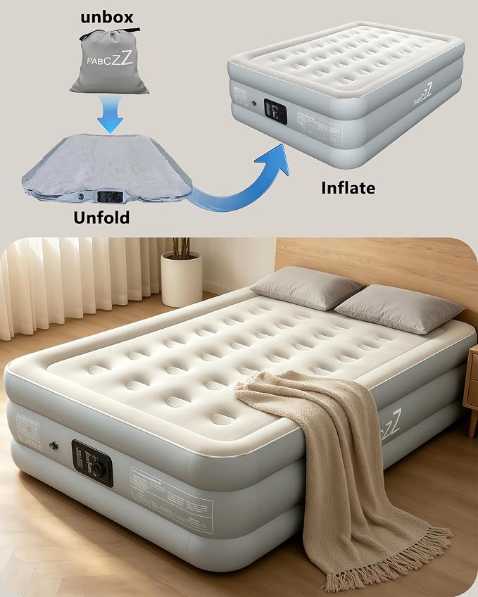 air Mattress Full with Built in Pump – 18-Inch Thickened air Bed Suitable for Camping, Home use, and Guest Accommodation, Supports Up to 600 Pounds (Light Gray, Full)
