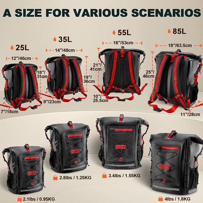 OSAH DRYPAK Waterproof Backpack Dry Bag 25L/35L/55L/85L – Heavy Duty Roll-Top Hiking Backpack Sack Keeps Gear Dry for Travel, Kayaking, Boating, Camping, Rafting and Fishing
