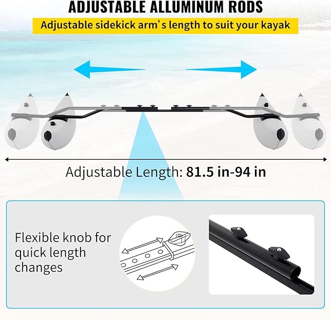 VEVOR Kayak Stabilizers, 2 PCS, PVC Inflatable Kayak Outrigger Float with Sidekick Arms Rod, Standing Float Stabilizer System Kit for Kayaks, Canoes, Fishing Boats