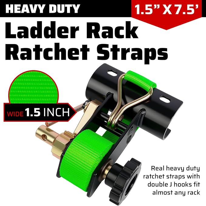 Green Rack Straps with J-Hook (2PK),1.5" x7.5' Ladder Rack Ratchet Straps, 2" Round Tube Mount, Perfect Ladder Rack Tie-Downs for Trailer Cargo Control