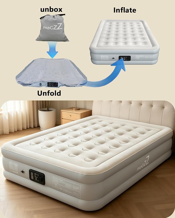 air Mattress Queen with Built in Pump – 18-Inch Thickened Inflatable Mattress for Easy Travel, Supports Up to 650 Pounds Pounds (Light Gray, Queen)