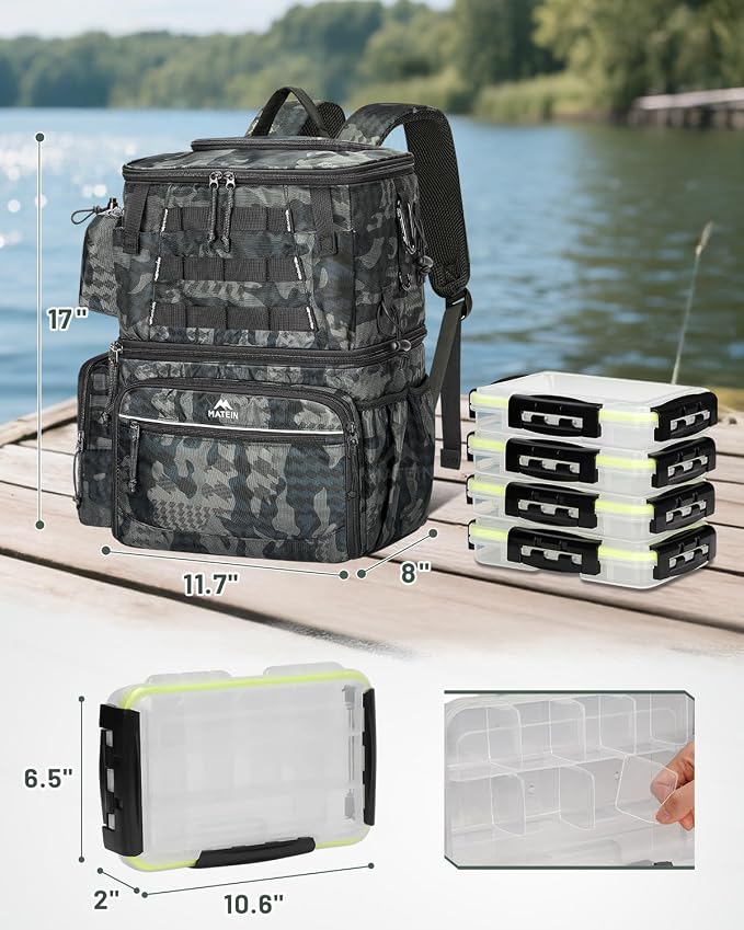MATEIN Fishing Backpack with 4 Tackle Boxes, Fishing Bag with Rod Holder | 3600 Tackle Box 4 Pack, Water Resistant Tackle Backpack with Cooler Compartment, Safety Compass, Gifts for Fishermen