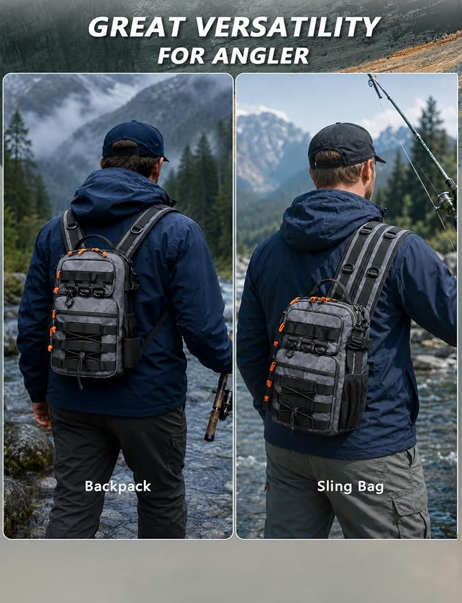 2 in 1 Compact Tactical Fishing Backpack with Tackle Boxes, Lightweight Waterproof Tackle Bag Fit 2 * 3600 Tackle Boxes, 2 Rod Holders Storage, Fishing Accessories Gift for Men Gray