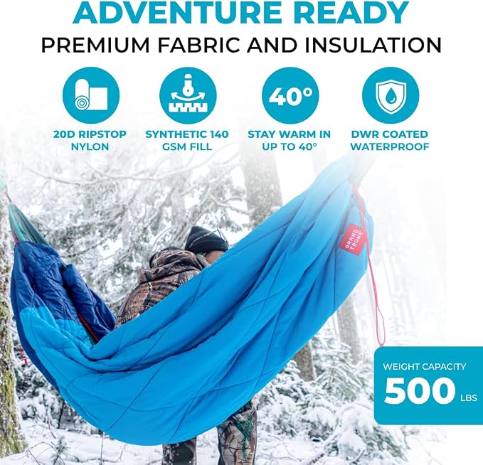 GRAND TRUNK 360° ThermaQuilt 3-in-1 Hammock Underquilt | Converts to Sleeping Bag or Blanket | 40°F Rated, Lightweight Insulated Camping Quilt | Blue/Navy