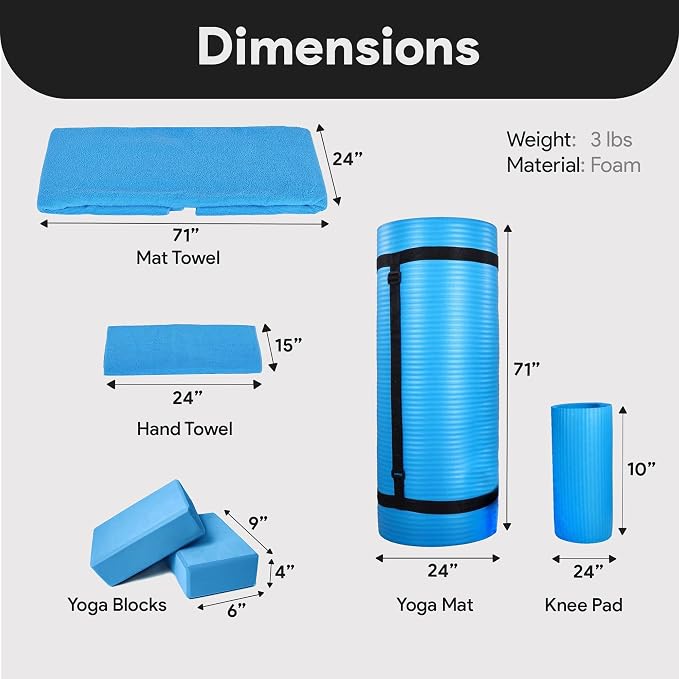 BalanceFrom 7-Piece Yoga Set with 71x24x0.5 Inches Extra Thick Mat and Carrying Sling – Includes 2 Blocks, Stretch Strap, 2 Towels, and Knee Pad for Home, Studio, and Gym Workouts