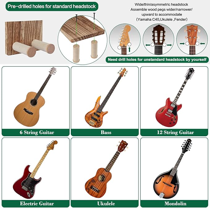 Keebofly 2 Pack Guitar Hanger Wall Shelf with Pick Holder Wood Rack for Acoustic, Electric, Ukulele, Bass, Mandolin - Brown (Patented)