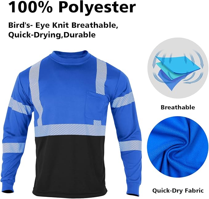 VENDACE Safety T Shirts Reflective High Visibility 3 Pack Hi Vis Long Sleeve Construction Work Shirts for Men (Royal Blue,L)