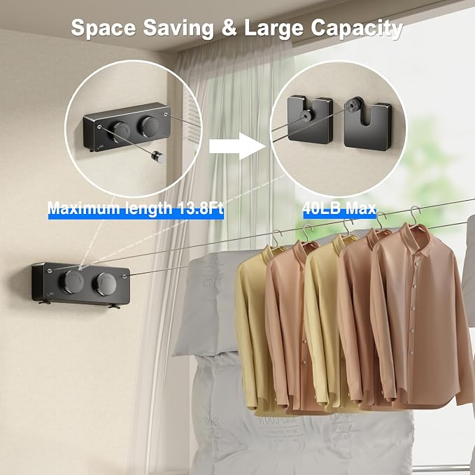 MUSTORN Retractable Twin Clothesline Indoor, Non-Sagging Outdoor Clothes Line Retracting Heavy Duty Clothes Drying Laundry Line Wall Mounted Stainless Steel Line-13.8Feets(Double Line-Black)