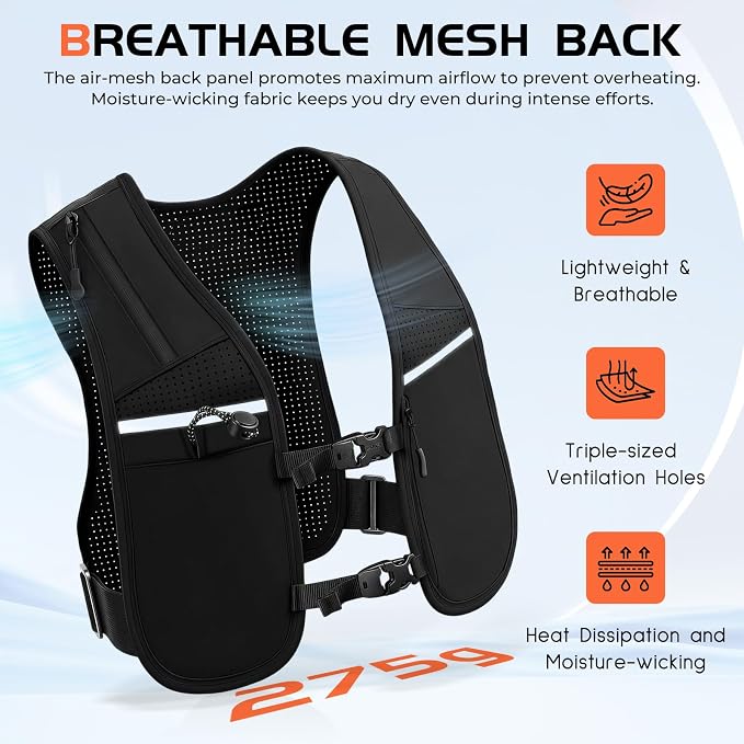 Running Vest for Women Men, Adjustable Chest Straps Running Hydration Vest for Marathon Jogging Trail Race Cycling Hiking, Lightweight Reflective Hydration Backpack with 500ml Soft Flask