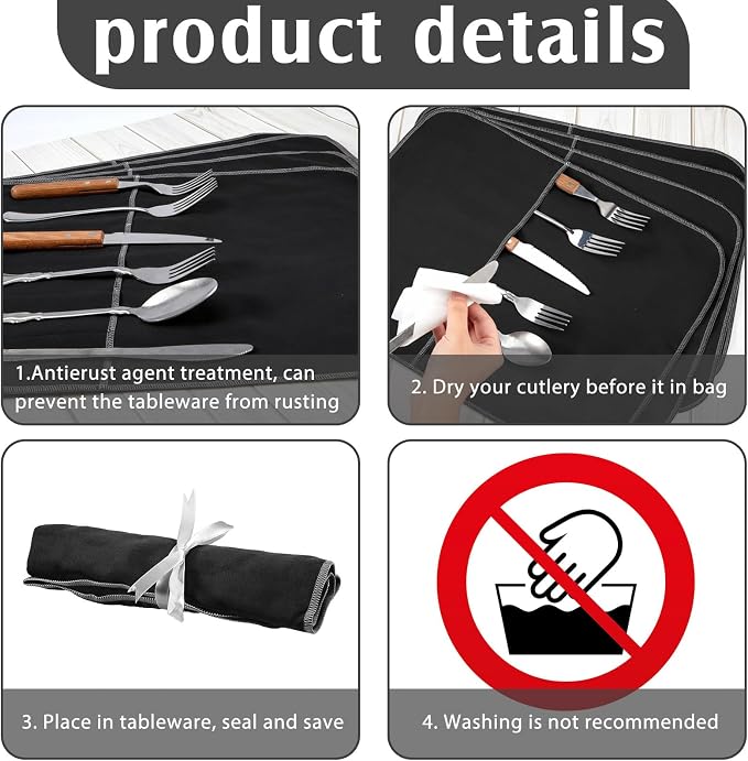 Hillban 6 Pcs Anti Tarnish Silver Storage Bags Silver Storage Cloth Felt Flatware Organizer Anti Tarnish Protector Bags Place Setting Roll with White Ribbon for Kitchen Cutlery (6 Slots,Black)