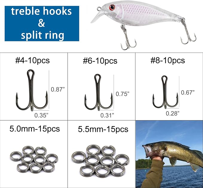 Unpainted Fishing Lures Making Kit DIY Blank Lures Crankbaits Minnow Jerkbait Hard Bait Set with Treble Hooks, Split Rings, Lure Eyes Lure Making Supplies Make Your Own Fishing Lures