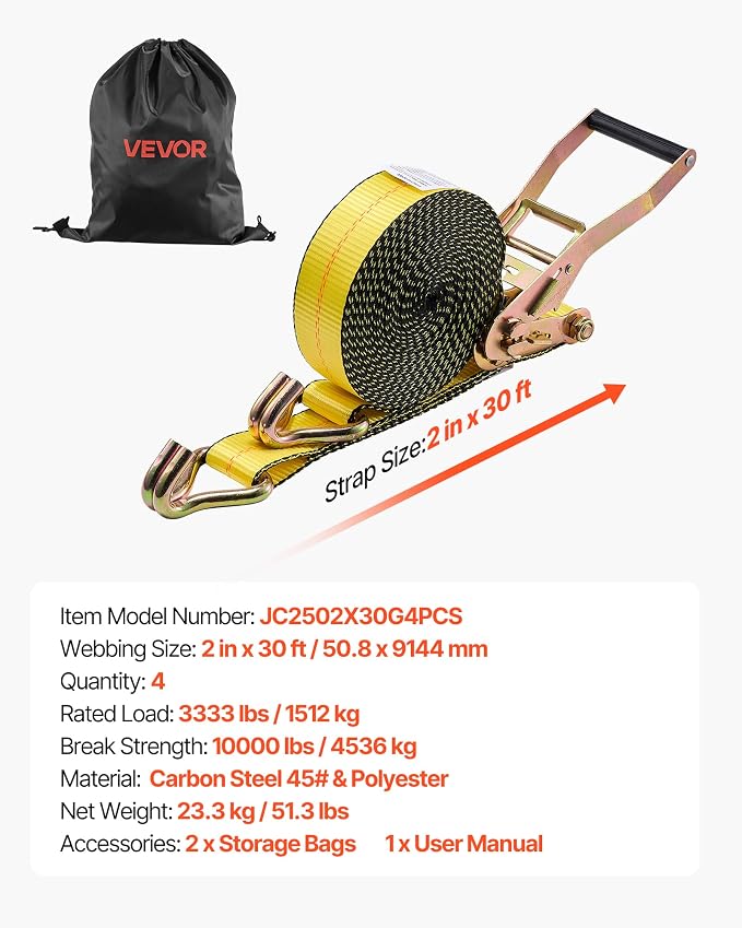 VEVOR Ratchet Straps, 2 in x 30 ft, Heavy Duty Tie Down Straps with Double J Hook, 10,000 lbs Break Strength, Carry Bag, Tie Down Ratcheting for Moving, Trailers, Motorcycles, Kayaks, Car Roof, 4 Pack