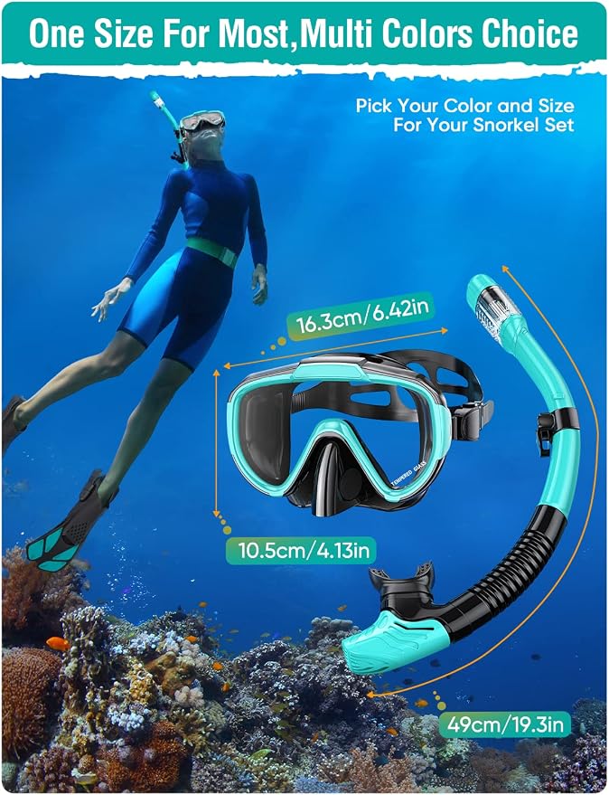 Seovediary Snorkel Set Adults Snorkeling Gear Anti-Fog Panoramic View Swim Mask Dry Top Snorkel Kit with Carry Bag for Snorkeling Scuba Diving Swimming Travel