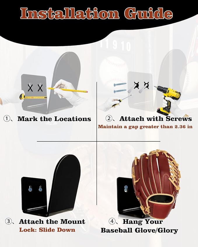 2 Pcs Baseball & Softball Glove Wall Mount Holder、Organizer 、Hanger、Stand、Frame, Keeps Glove Shape,Sports Decor Storage Display Rack for Bedroom、Living Room、Garage or Office, Great Gift for Players