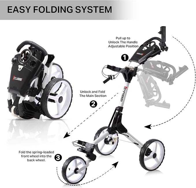 CUBE CART 3-Wheel Golf Push Cart – Ultra-Compact 14.5 lb Folding Golf Trolley, Two-Step Fold, Adjustable Handle, Foot Brake, Umbrella Holder & Built-in Storage