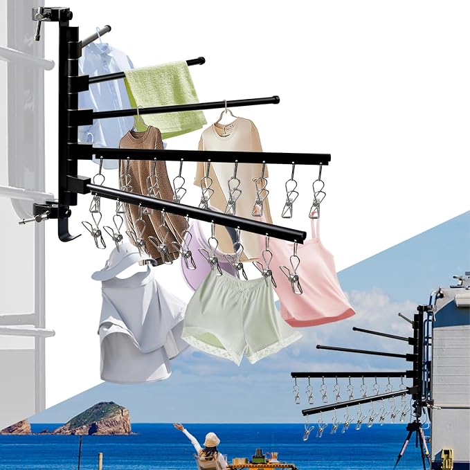 RV Clothes Drying Rack, 5 Arms 15.3" 18 Clips Aluminum for Ladder/Camper | 5 arms, 15.3" each. 18 stainless clips. Aluminum, rust-proof. 60Lbs capacity. 30s install. Fits ladders, boats, RVs