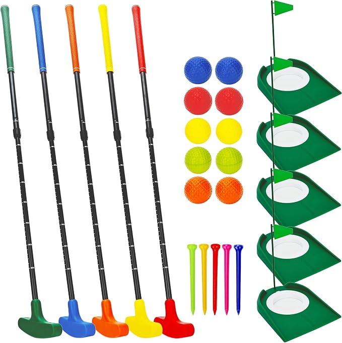 5 Set Golf Putters Adjustable Two Way Putters with Colorful 10 Practice Balls 5 Golf Tees 5 Putting Cup for Indoor Outdoor Activities, 5 Colors