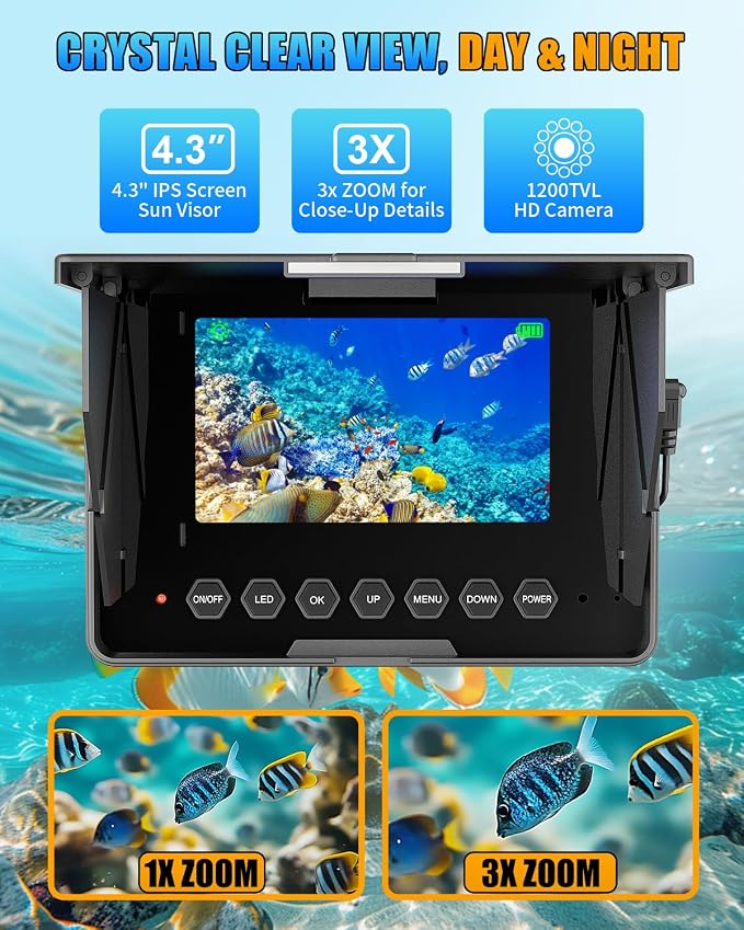 Underwater Fishing Camera, 4.3" IPS HD 1200TVL Fish Camera with 50ft Cable, 3X Zoom, 6 White & 6 IR LEDs for Kayak, Sea & River, 8500mAh Battery, Portable Underwater Camera for Fishing(Easy to Use)