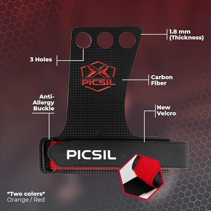 PICSIL - RX Grips | Synthetic Workout & Gymnastics Grips | Ultra-Resistant Carbon Fibre for Cross Training | Helps Prevent Tears & Blisters | Carbon Fibre Material | Use wiht Chalk |