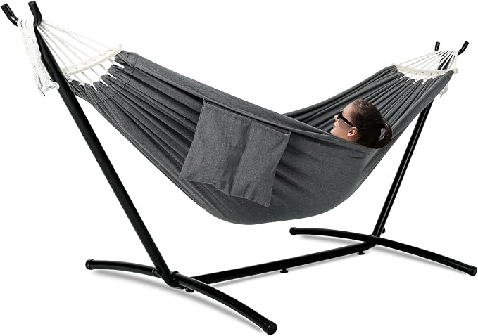 GAFETE Double Hammock with Stand for Outside, Upgraded Spreader Bar, Heavy Duty Space Saving Steel Stand 2 Person, Side Pocket, Easy Assembly, 600lbs Weight Capacity, Indoor & Outdoor (Dark Grey)