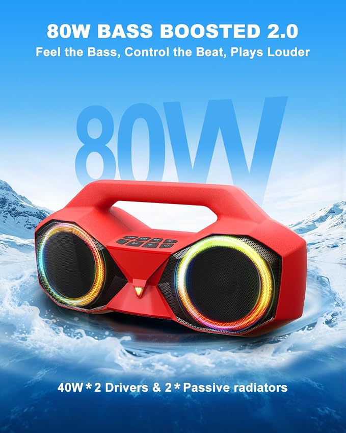 OZJ Bluetooth Speaker Outdoor Loud: 80W(Peak) with Bass, Portable Wireless Speaker with IPX7 Waterproof, 20H Playtime, RGB Lights, TWS for Outside, Beach, Work (Red)