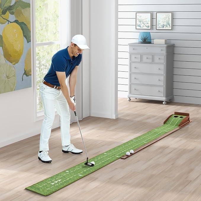 Tangkula 10 FT Golf Putting Green, 2/3-Hole Golf Putting Practice Mat with Auto Ball Return for Indoors & Outdoors, Alignment Guides & 3 Golf Balls, Mini Golf Game for Home and Office