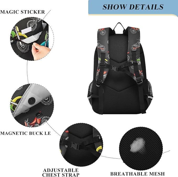Fisyme Motocross Dirt Bike Black School Backpack Laptop Backpacks Bags Bookbag Travel Casual Computer Notebooks Daypacks