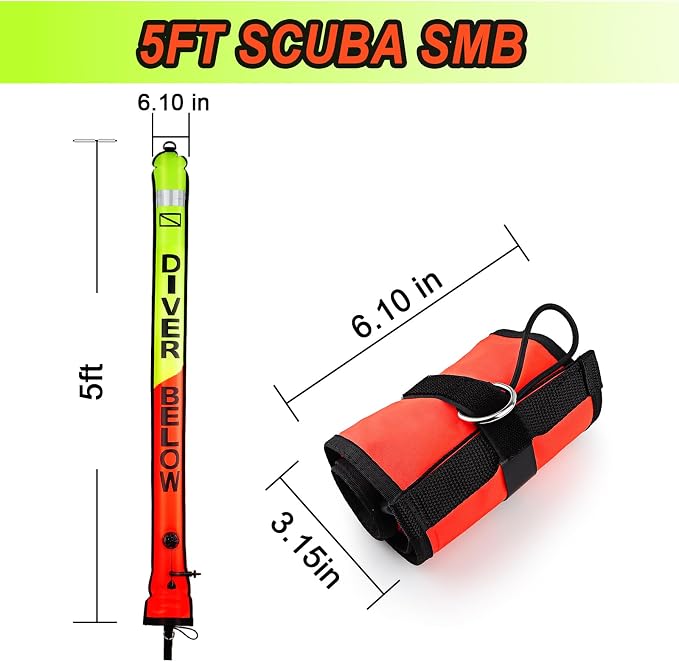 Surface Marker Buoy, 5ft Scuba SMB High Visibility Open Bottom Dive Buoy with Oral Inflator, OPV and Reflective Strip, Inflatable Signal Tube Safety Sausage (Orange+Fluorescent Yellow)