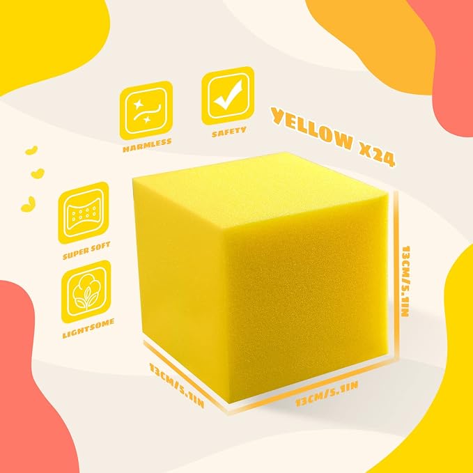 Foam Pit Cubes, 24 PCS 5 Inches Gymnastics Foam Blocks Trampoline Blocks, Multi-Sport Protective Padding for Freerunning, Trampoline, Parkour, Skate Parks & BMX -Yellow