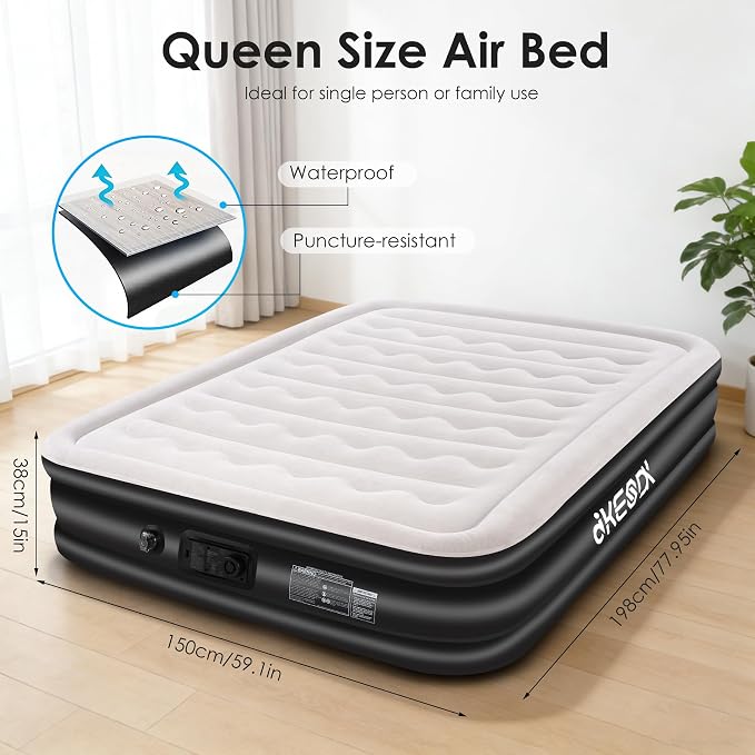 Air Mattress Queen with Built in Pump,Comfortable Waterproof Flocked Surface Inflatable Mattress for Temporary Family Stays and Travel,16-Inch Blow Up Mattress Inflates in 3 Minutes