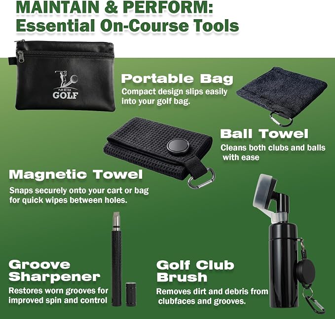 Golf Club Cleaning Kit, 8-in-1 Club Care Set with Cleaner, Brush, Groove Sharpener, Grip Cleaner, Polish, Magnetic Towel, Ball Towel & Portable Bag - Restores Shine, Removes Rust, Renews Grip