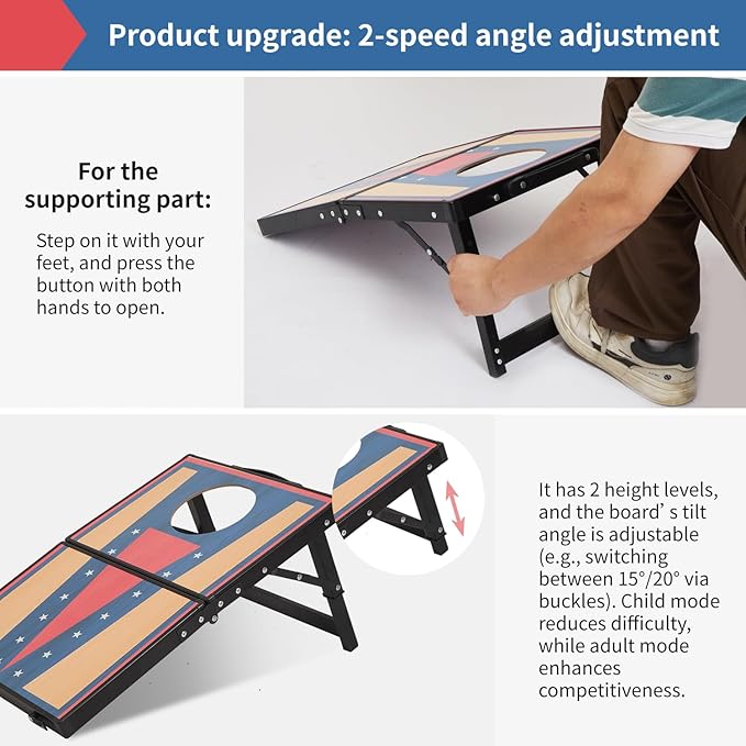 Portable Cornhole Board Set,24 x 16 in Corn Hole Games, Adjustable Angle & Dual Modes (Child/Adult) for Free Switch,Extra-Thick Material, Cornhole Game Boards with 8 Bean Bags with Storage Bag