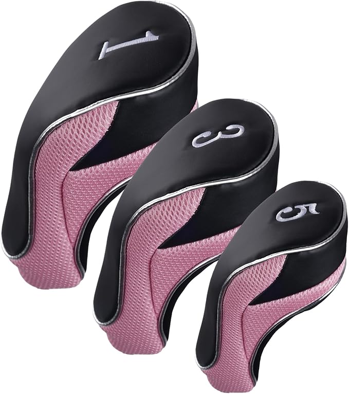 Andux Golf Wood Club Head Covers with Hook & Loop Set of 3 | for 460cc Driver Fairway Short Neck Faux Leather and Nylon-mesh Embroidery thread Number