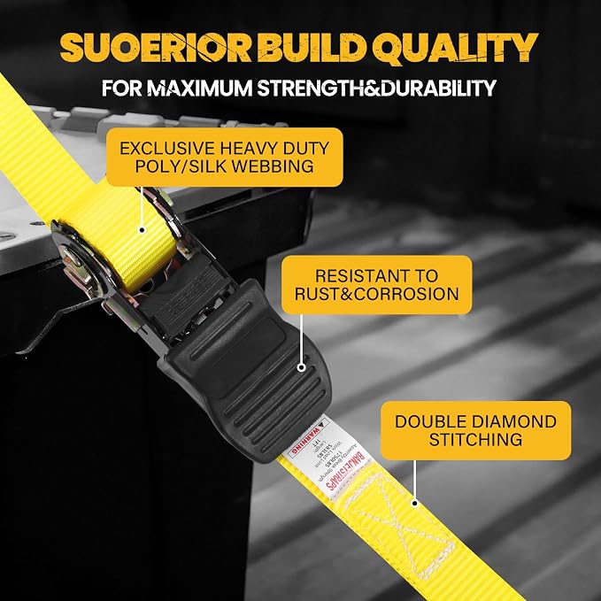 1" x 12' Heavy Duty Ratchet Straps (4-Pack) - 1,750lb Break Strength Yellow Tie Down Straps for Moving, Appliances, Furniture, Motorcycle, Truck & Trailer