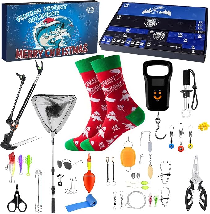 Fishing Advent Calendar 2025 for Men & Teen Boys – 24-Day Christmas Countdown Calendar with Fishing Tools, Lures & Accessories – Fish Lip Gripper, Xmas Gift for Son, Husband, Boyfriend, Brother, Girl