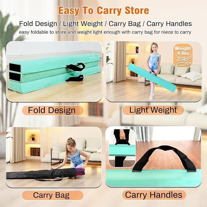 MARFULA 6 FT / 8 FT / 9 FT Folding Gymnastics Beam Foam Balance Floor Beam - Extra Firm - Suede Cover - Anti Slip Bottom with Carry Bag for Kids/Adults Home Use